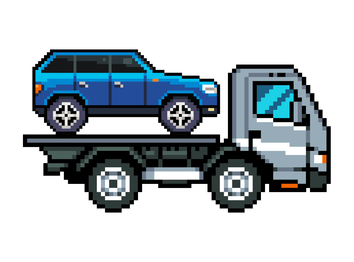 Gray pixel tow truck transporting a blue car.