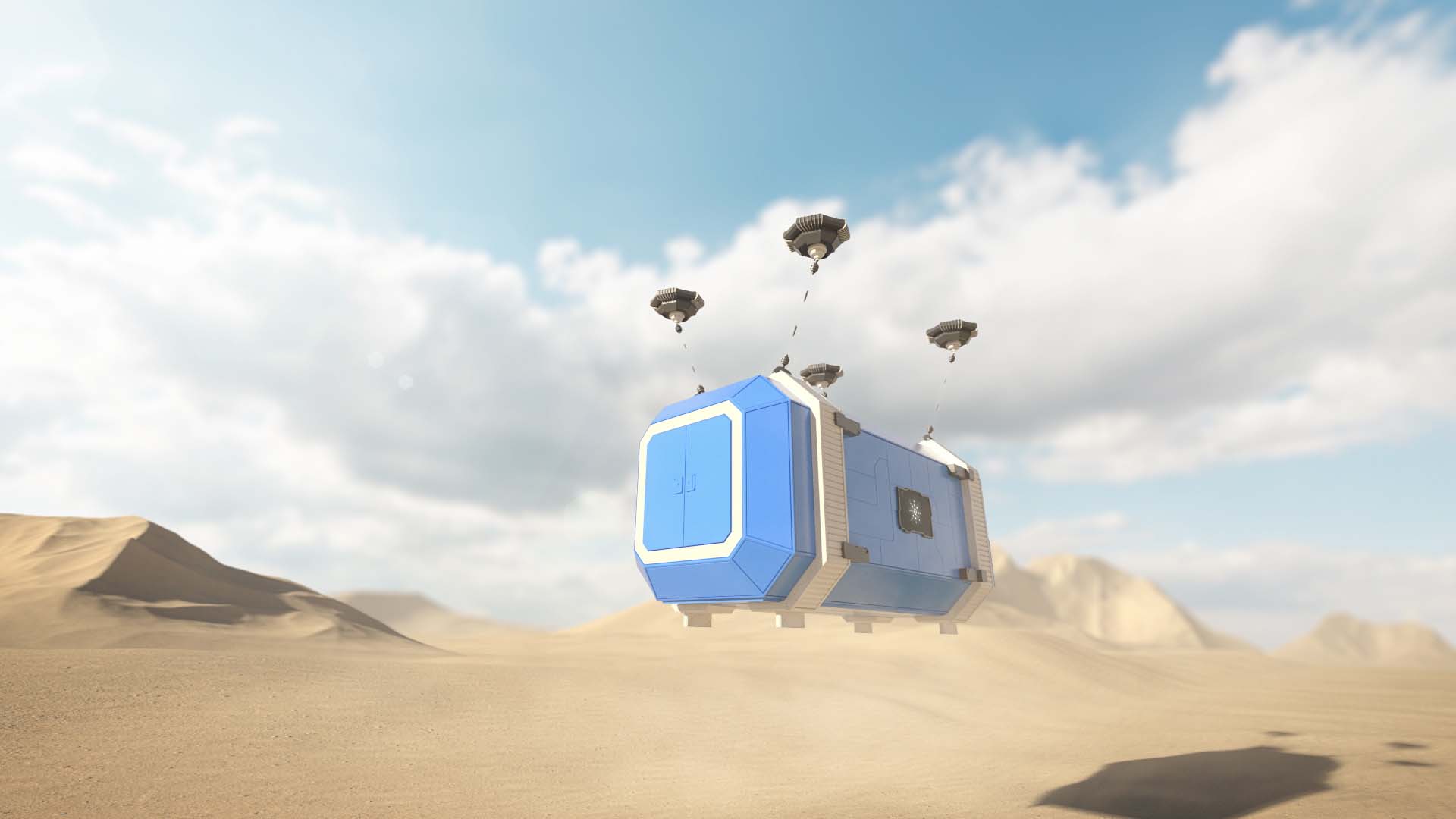 3D model of a shipping container carried by powerful drones in desert background