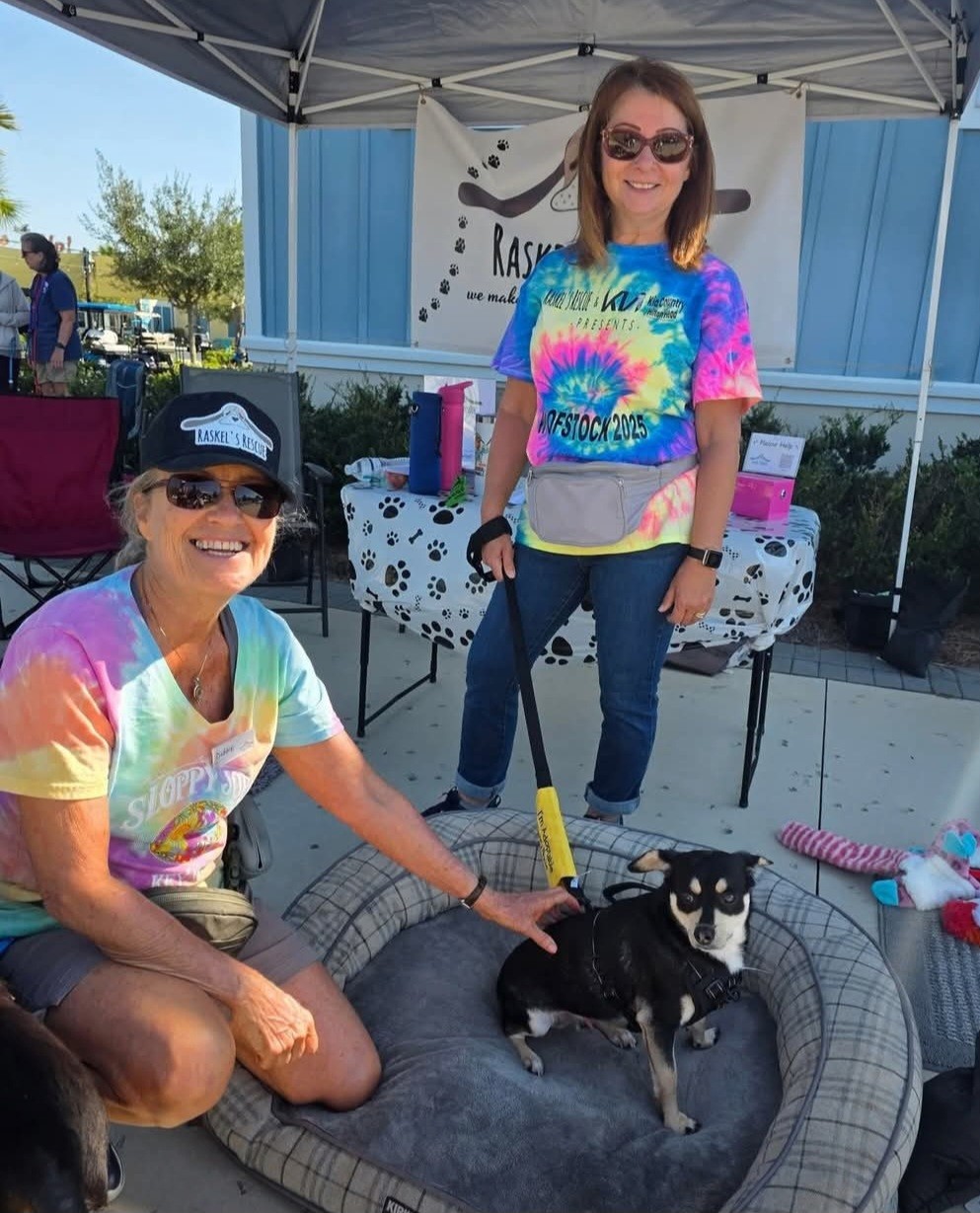 Two people in tie-dye shirts interacting with a small black dog at a sunny outdoor event.
