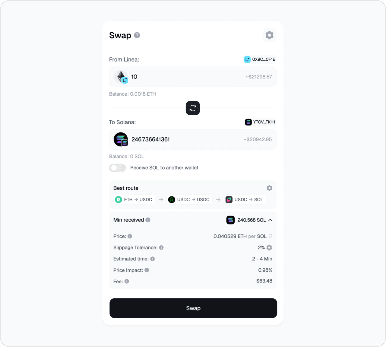 Bridge example in the Symbiosis app: Linea→Solana, 10 ETH → ~246.7 native SOL