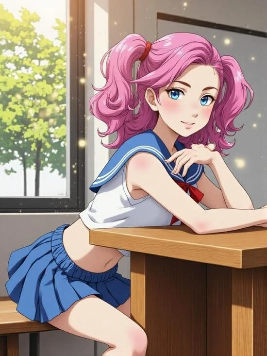 Sexy AI anime girl in sailor outfit leaning over desk.