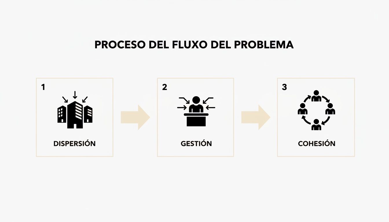 Diagrama visual del proceso del flujo de un problema, mostrando etapas de dispersión, gestión y cohesión.