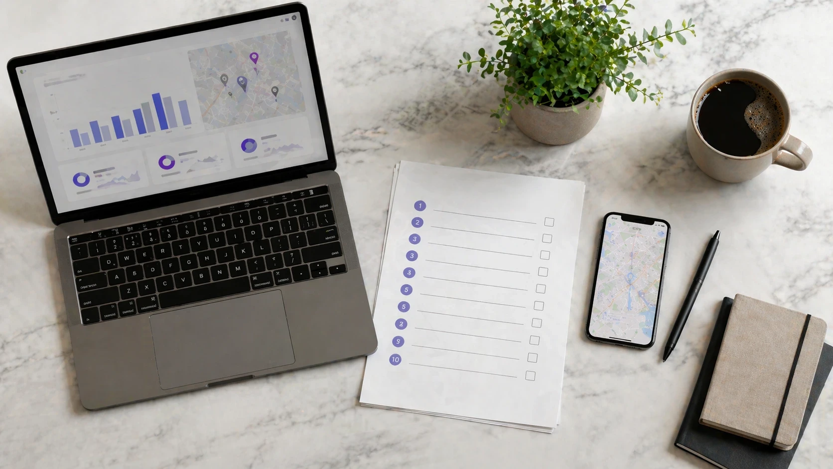 Workspace com laptop mostrando dashboard de ranqueamento, checklist numerado de 10 passos e celular com mapa aberto