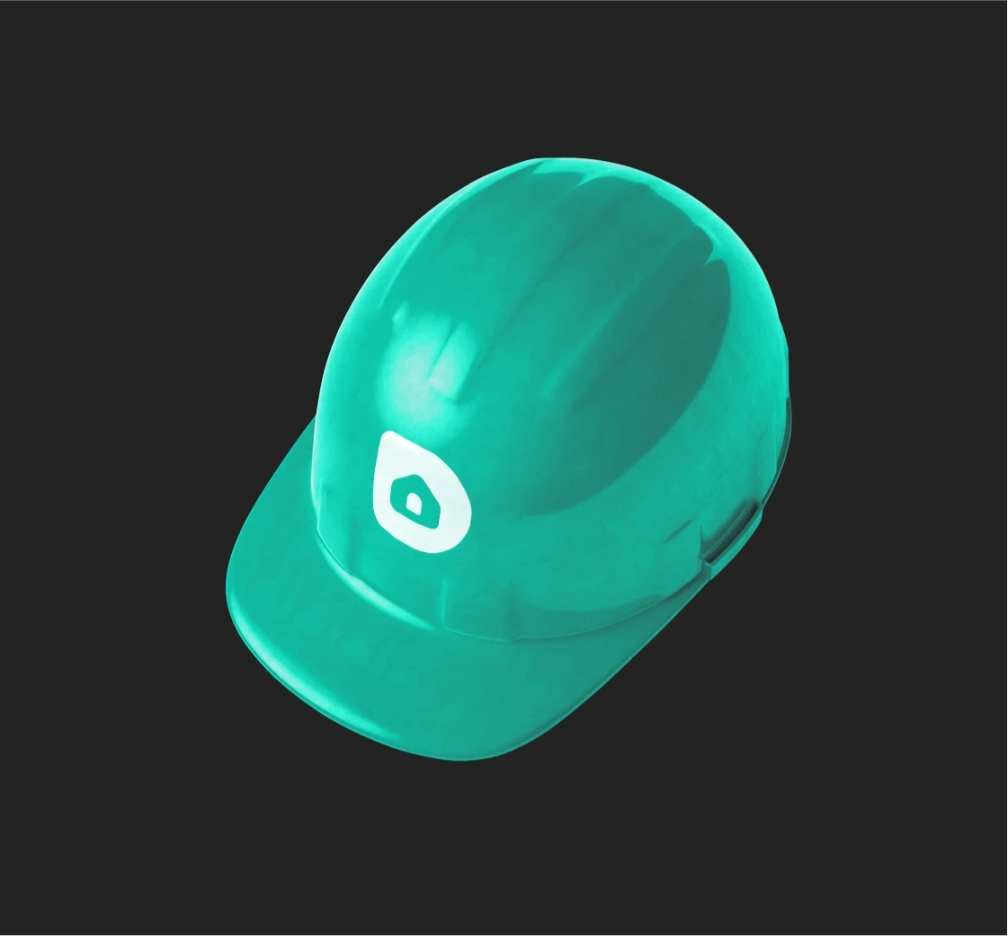 Turquoise construction helmet with Domeforge logo on a black background.