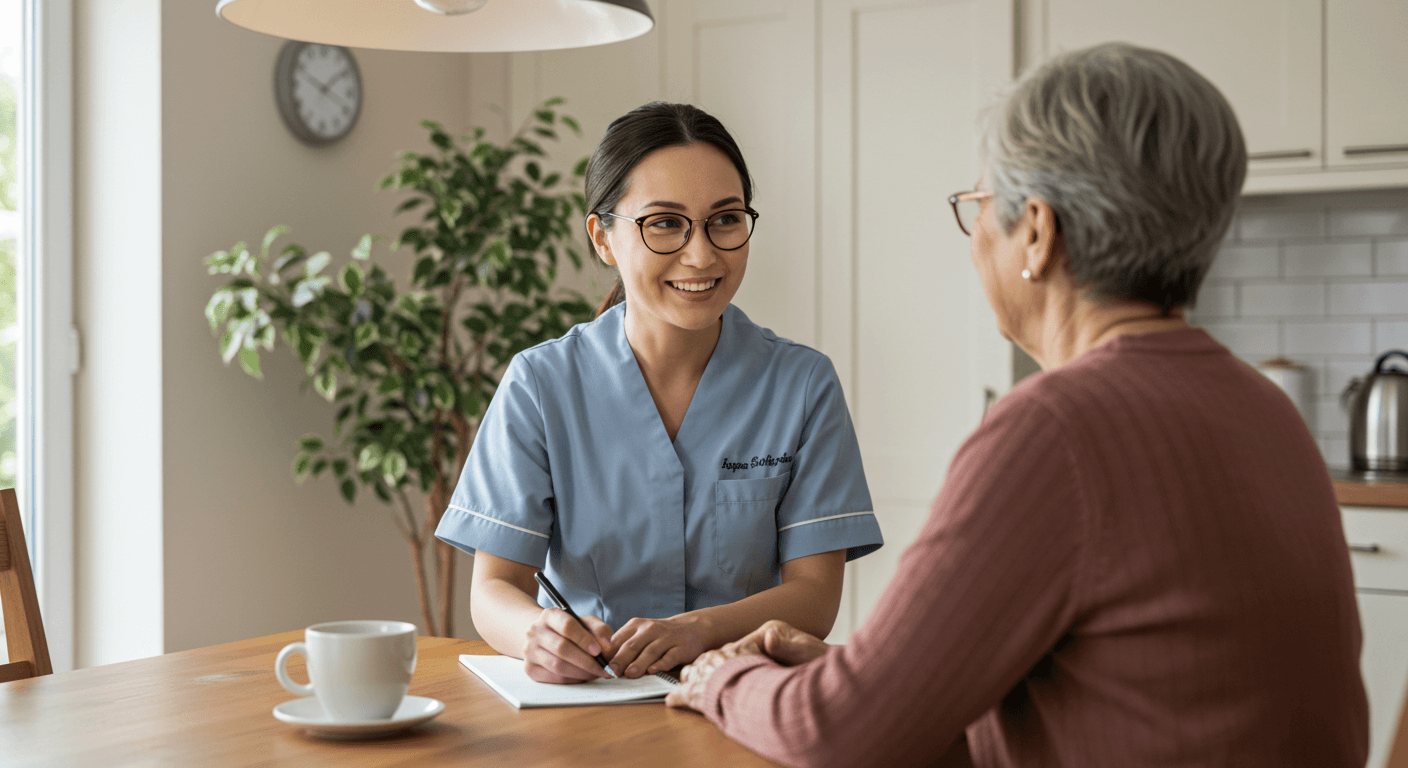 Caregiver with glasses taking notes, older woman present, kitchen setting