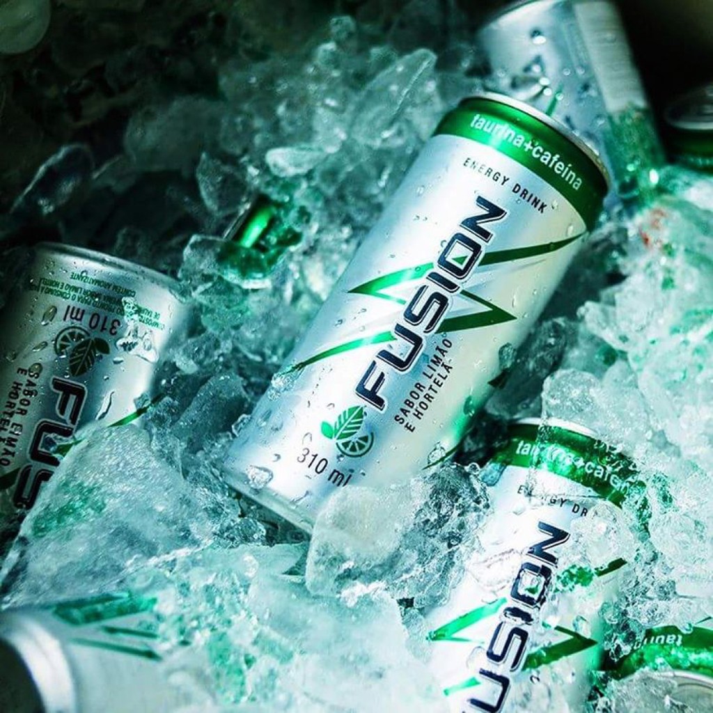 Fusion energy drink cans on ice