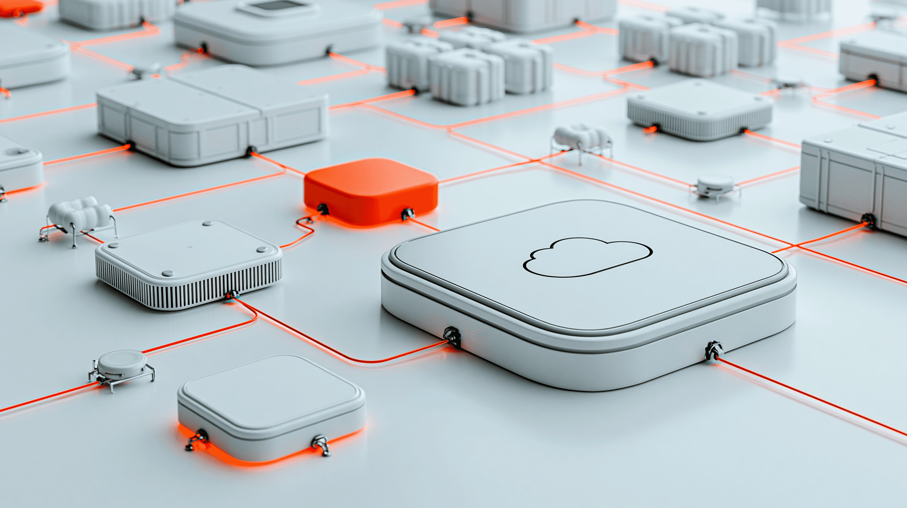 Abstrakte Darstellung vernetzter Systemmodule, verbunden durch orange Datenleitungen