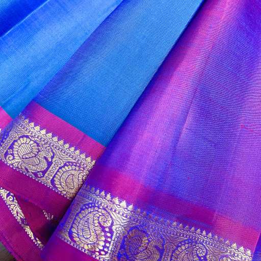 Peacock Blue and Pink manga border Kanchivaram Silk Saree