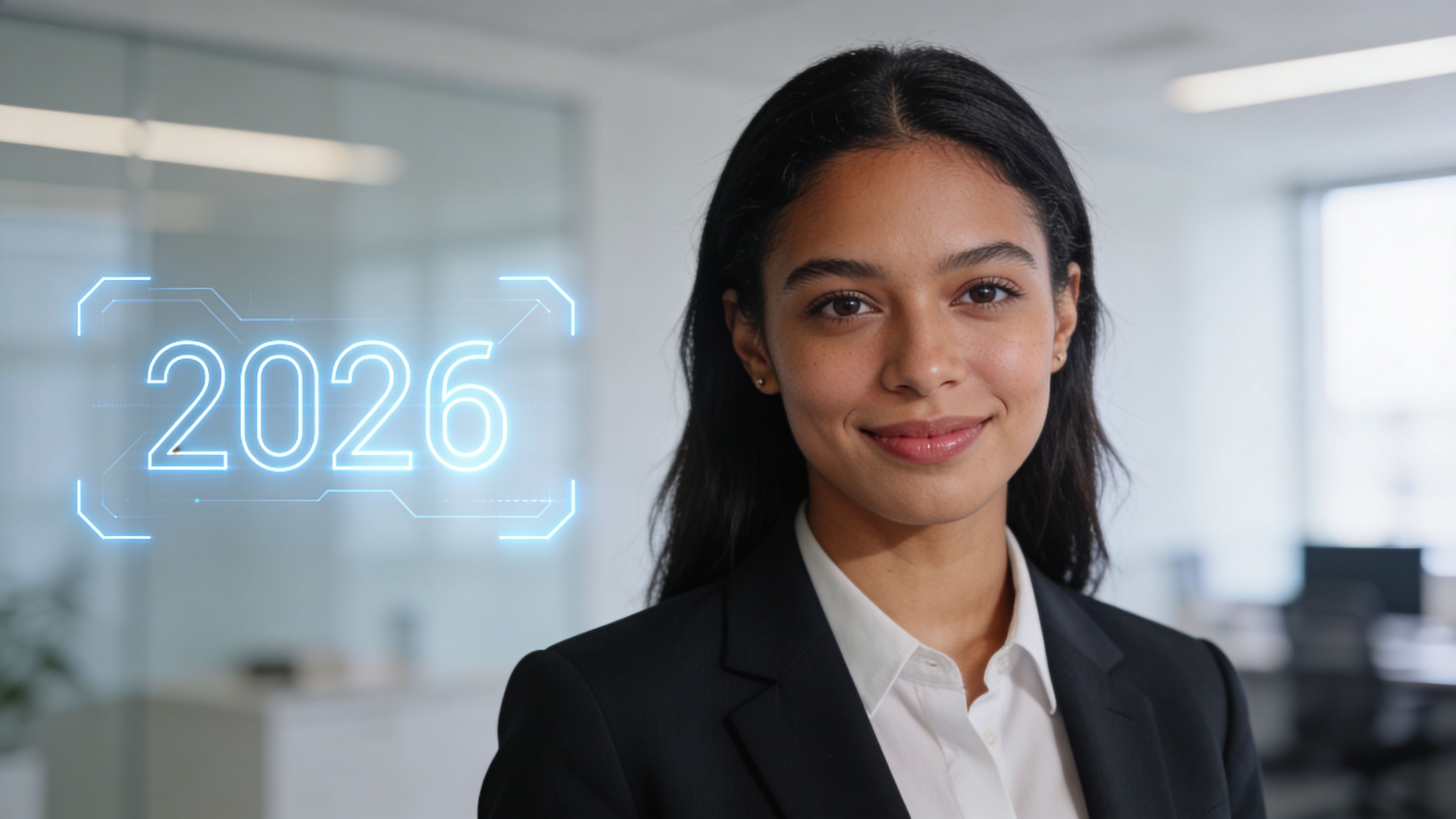 Eine professionelle junge Geschäftsfrau lächelt in einem modernen Büro vor einer projizierten holografischen Anzeige mit der Jahreszahl 2026.