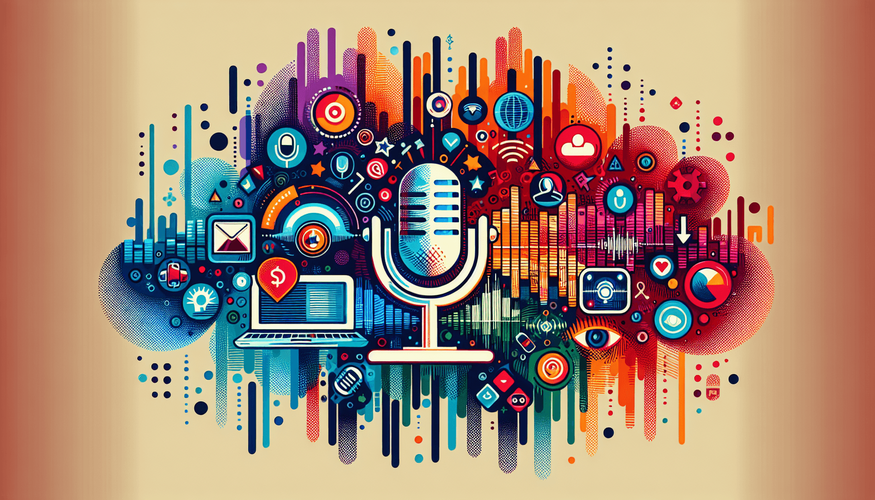 Vibrant digital illustration capturing the essence of podcasting, highlighting elements like audio creation, promotion, and audience engagement, all represented with colorful and modern design