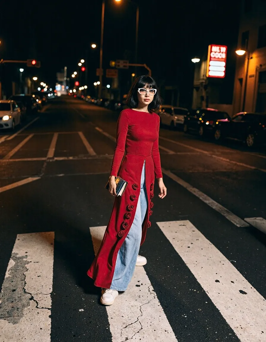Woman in red traditional dress with jeans on crosswalk at night with city lights and neon signs in background