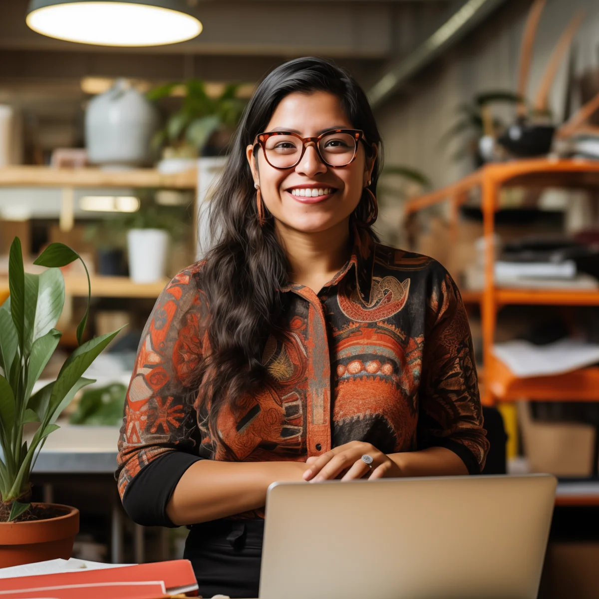 A business woman smiling with a laptop close to her