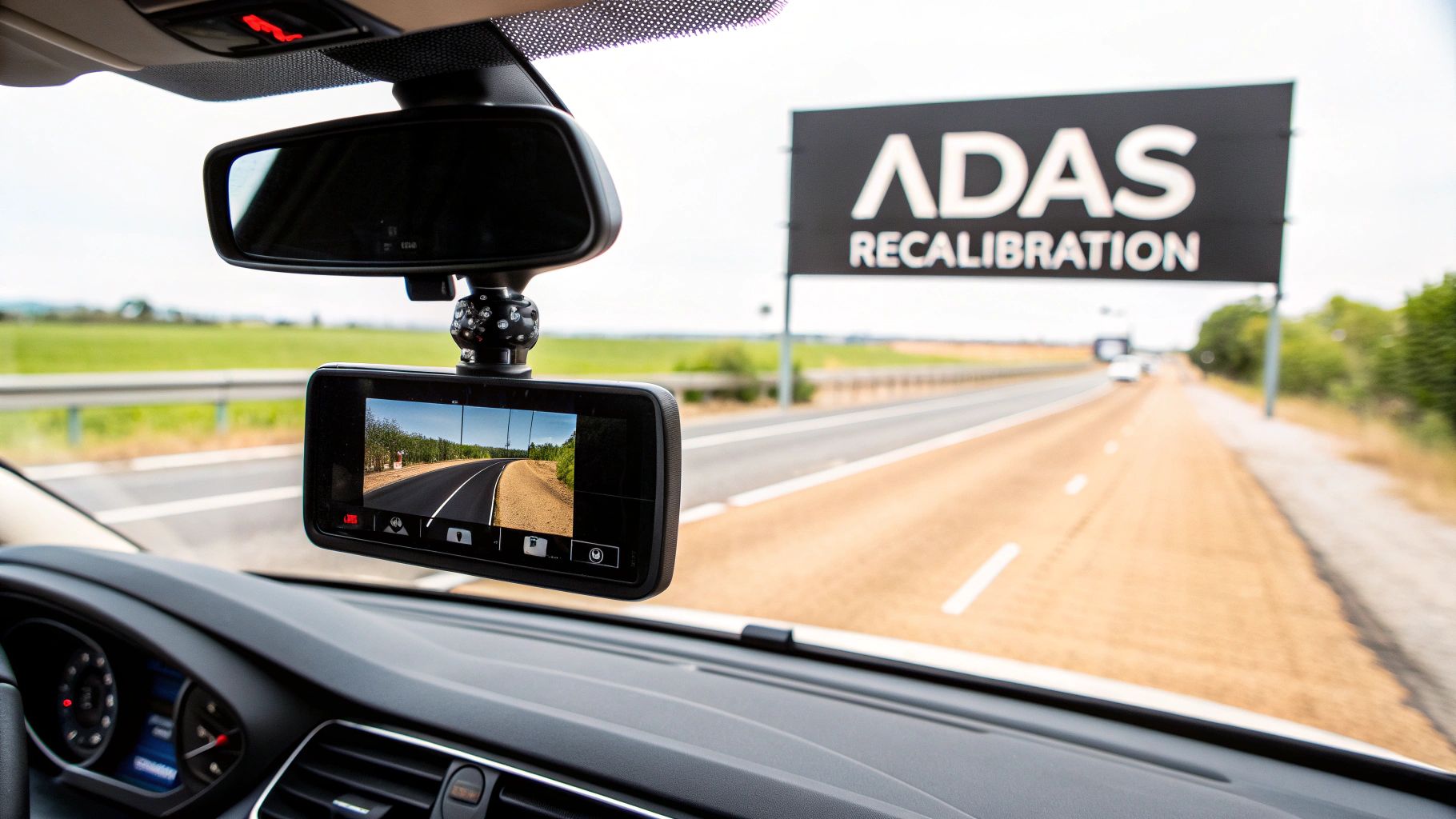 Inside a car, a dashcam records a highway with a large ADAS recalibration sign ahead.