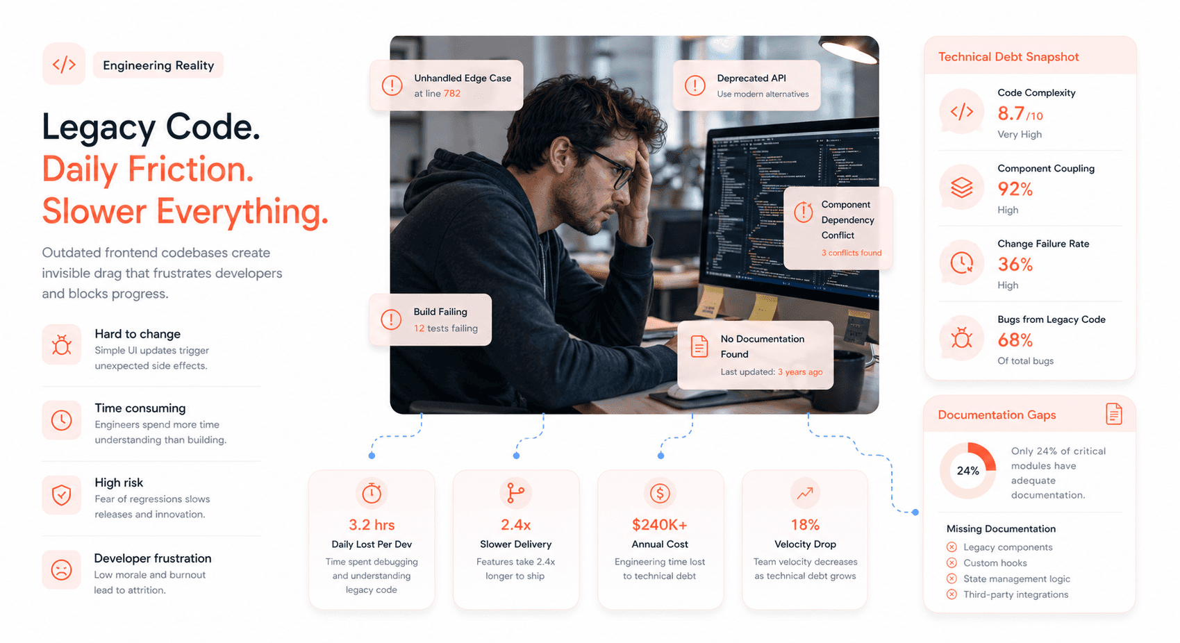 Frustrated frontend developer working with undocumented legacy code showing technical debt and maintenance challenges