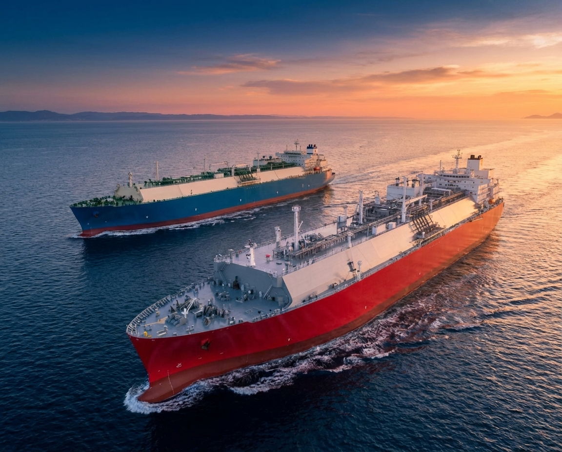 Modern LNG and LPG carriers at sea.