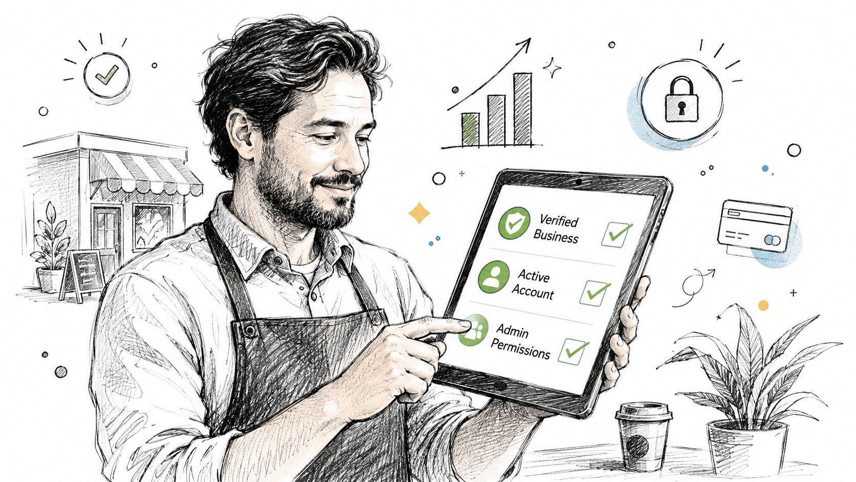 A business owner smiling while checking verified business and account permissions on a digital tablet screen.