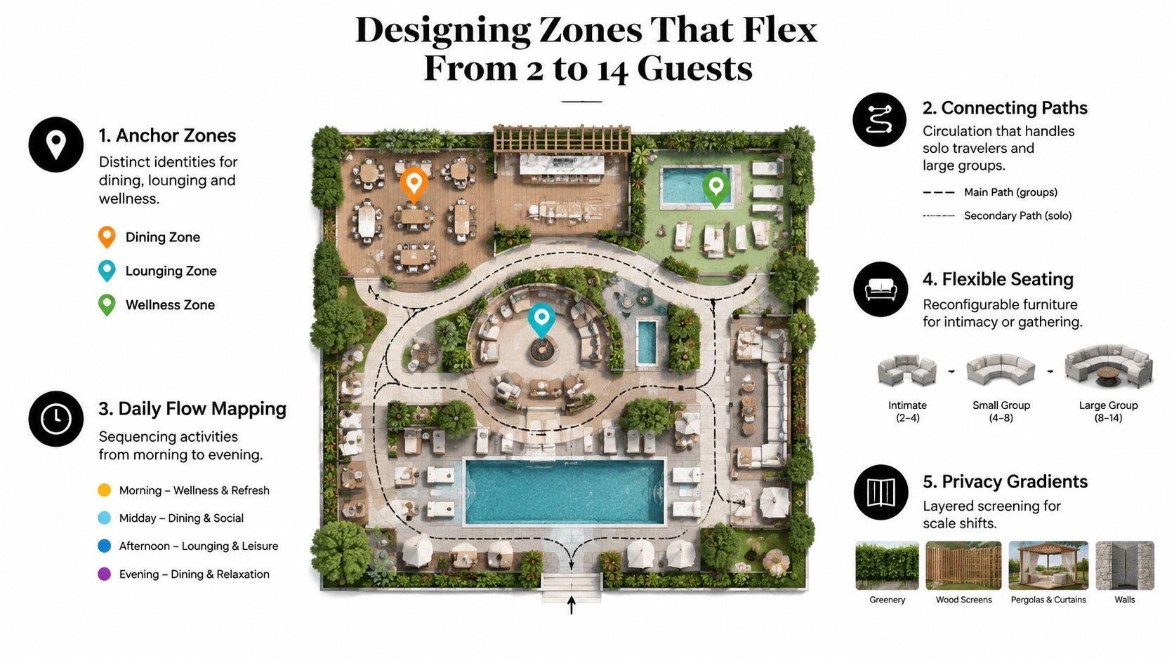 A diagram illustrating design principles for flexible, multi-functional luxury outdoor spaces accommodating varied guest group sizes.