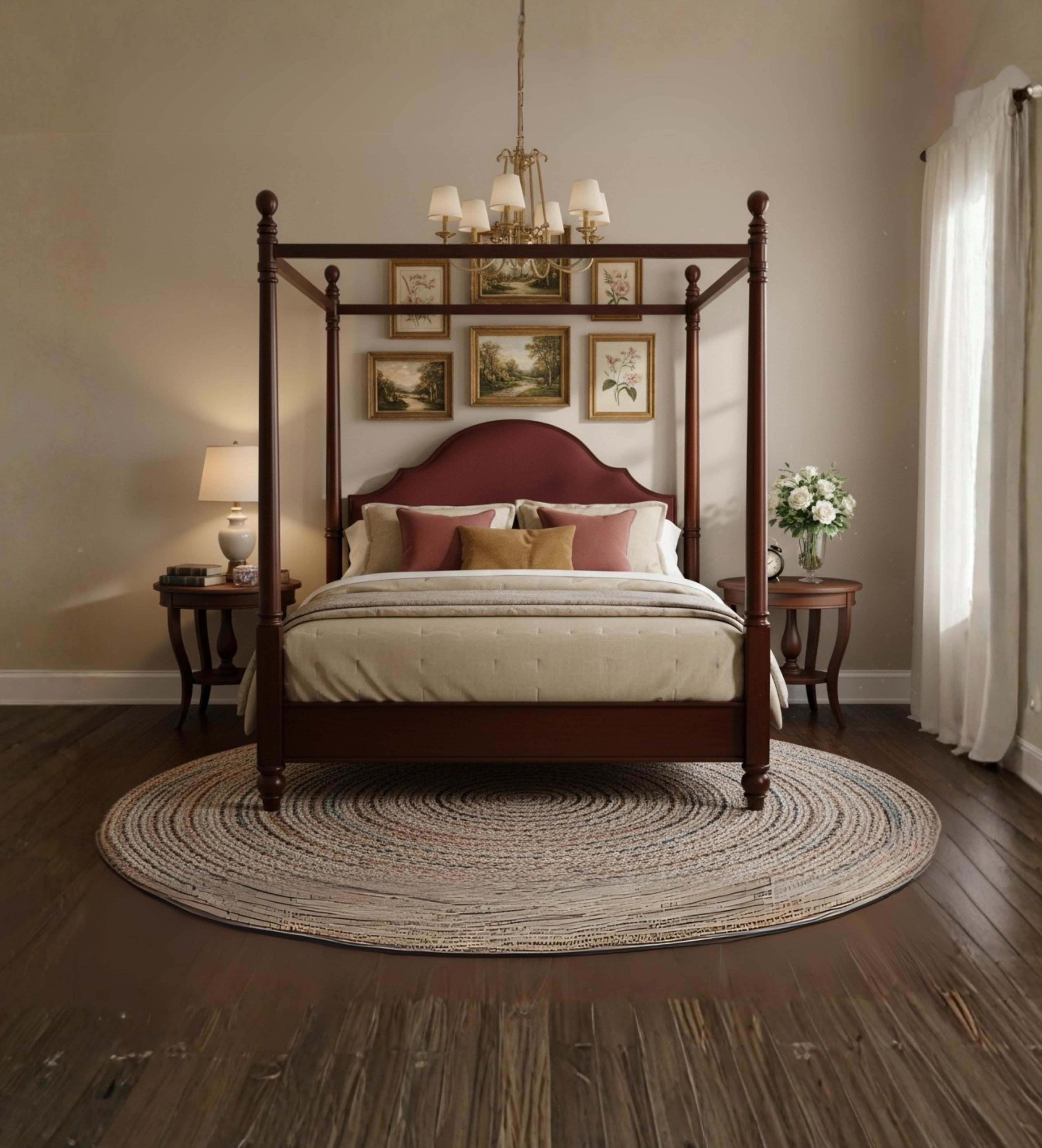 Four‑poster bed with curved wooden headboard and decorative top rail