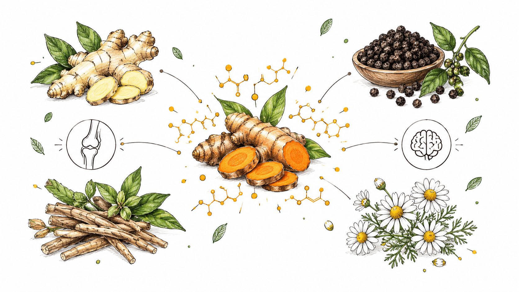 A botanical illustration featuring ginger, turmeric, black pepper, licorice root, and chamomile surrounding chemical molecular structures.