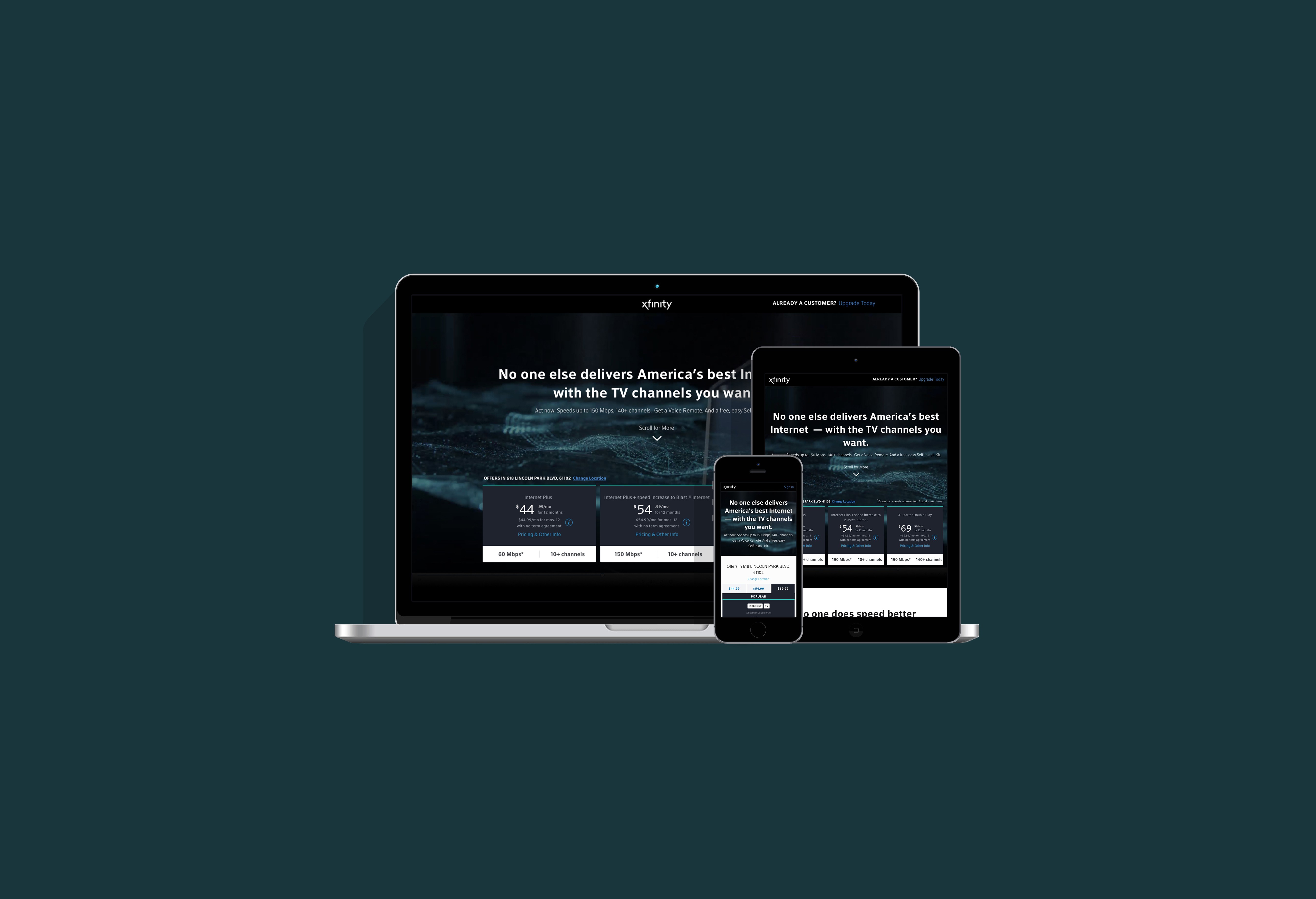 Mockup with a laptop, tablet, and phone displaying the Xfinity redesign.