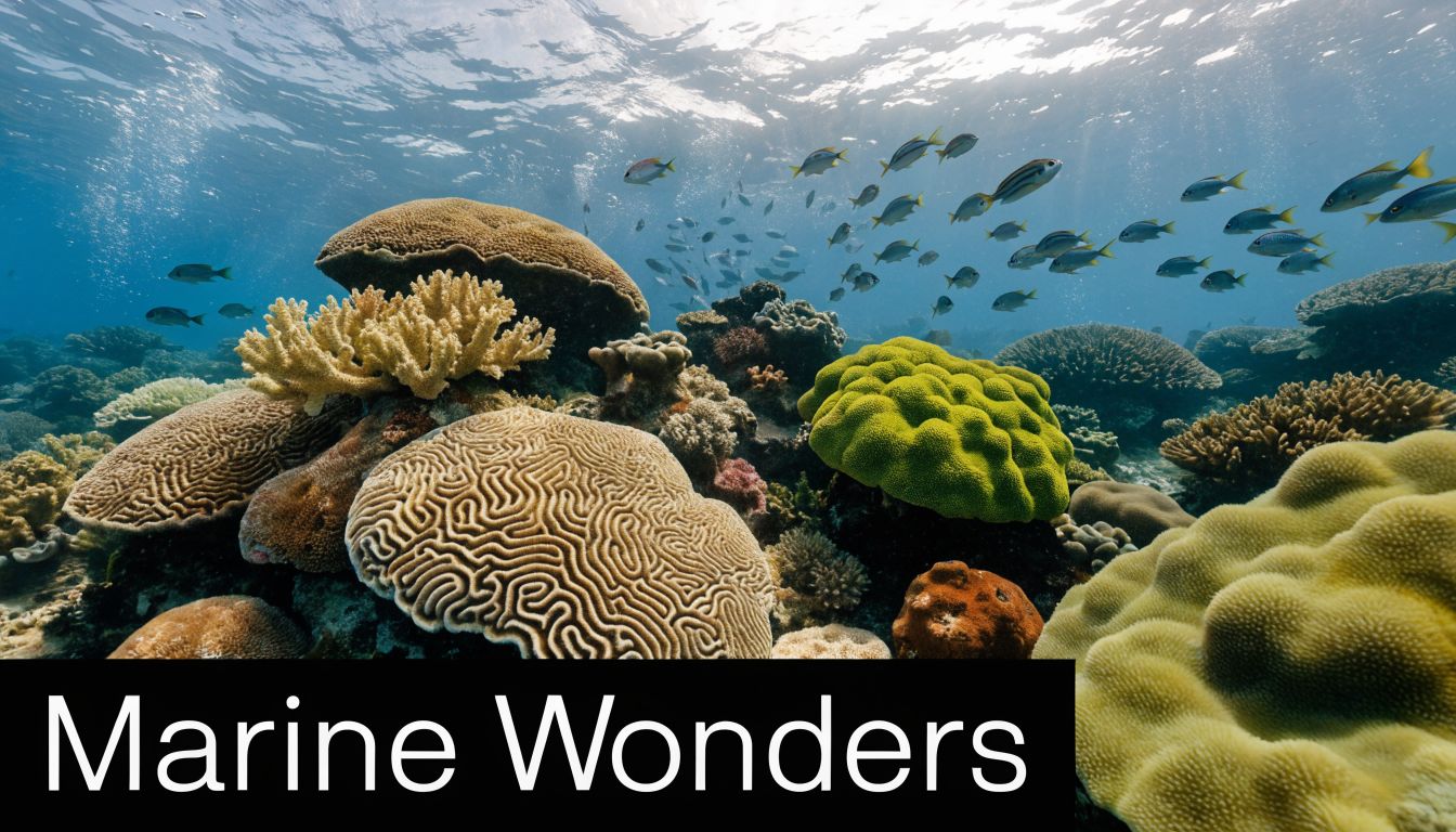 A vibrant coral reef underwater with diverse fish species swimming in the clear blue tropical ocean.
