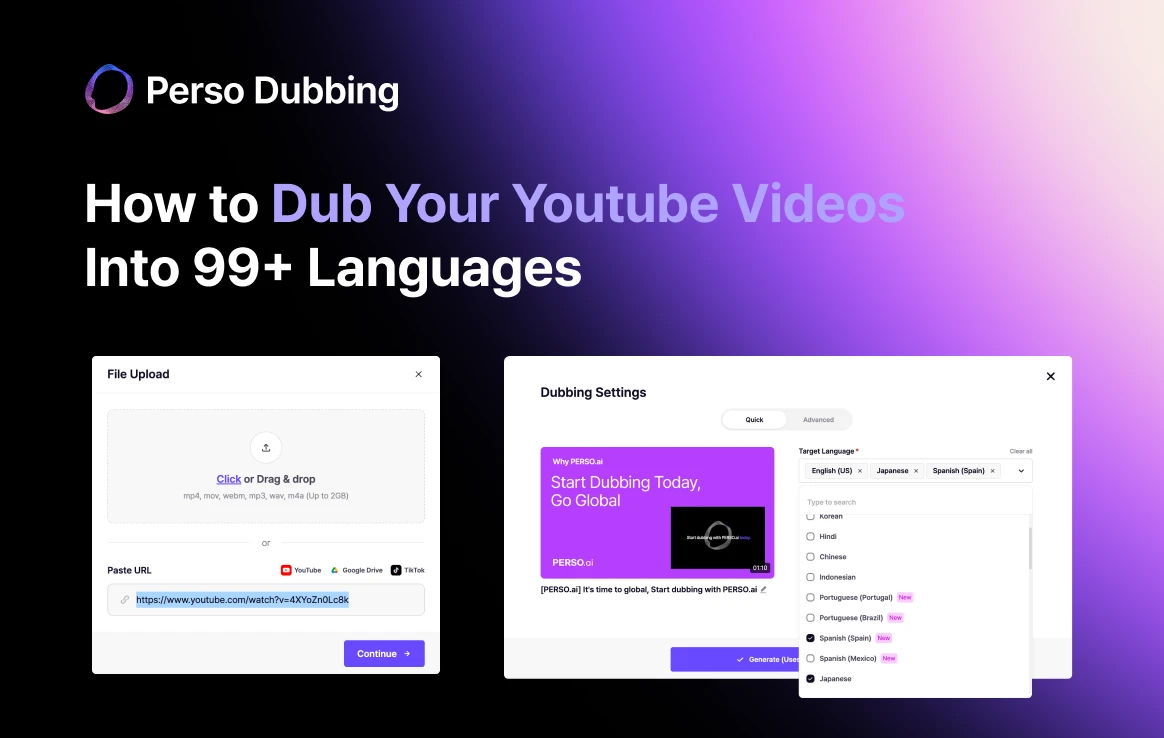 Dobla tus vídeos de YouTube a más de 99 idiomas con Perso Dubbing en 5 pasos: subir, elegir idiomas, generar, editar y descargar. Mantén la voz original del ponente y llega a tu audiencia global. Empieza gratis hoy mismo.