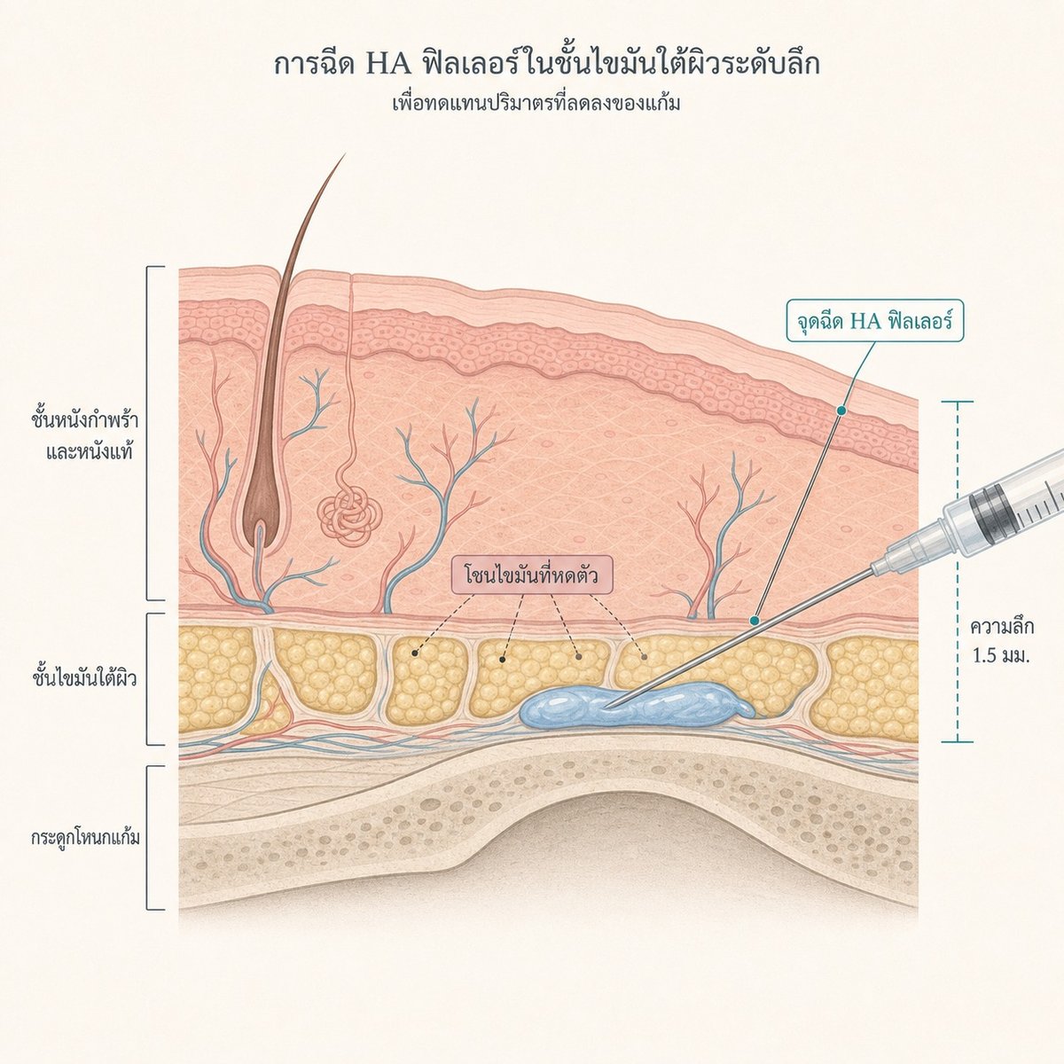 ภาพตัดขวางกลางใบหน้าแสดงชั้นไขมัน ไขมันที่หดตัว และตำแหน่งฉีดฟิลเลอร์