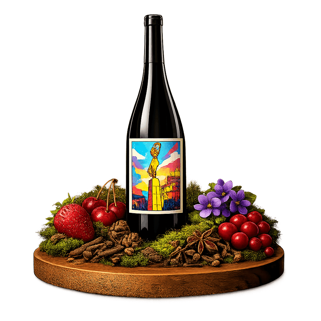 Artistic label and flavor profile for Luxembourg Pinot Noir on a rustic wooden table.