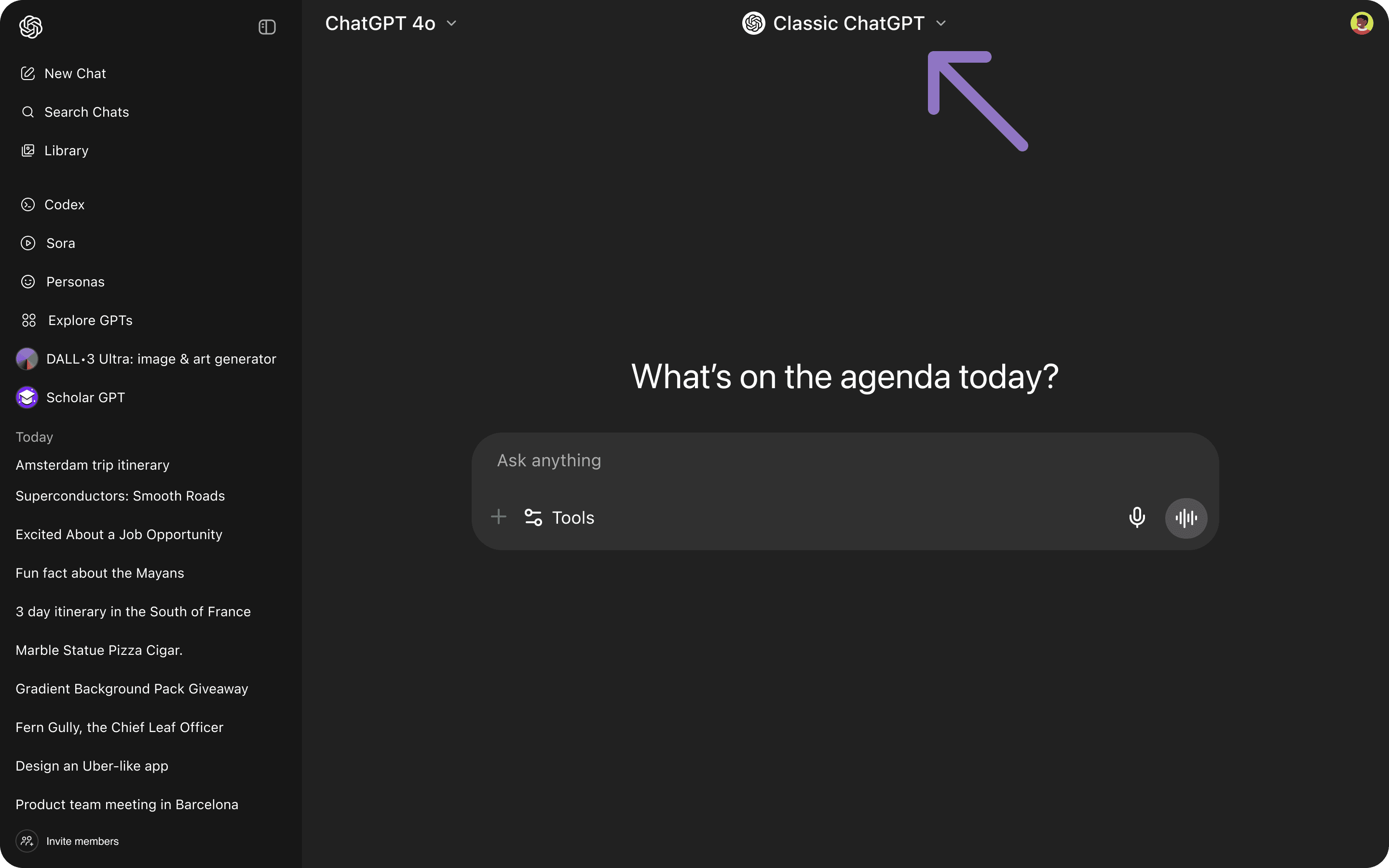 Screenshot of ChatGPT's chat screen with an arrow pointing at where the persona switcher on the top bar.