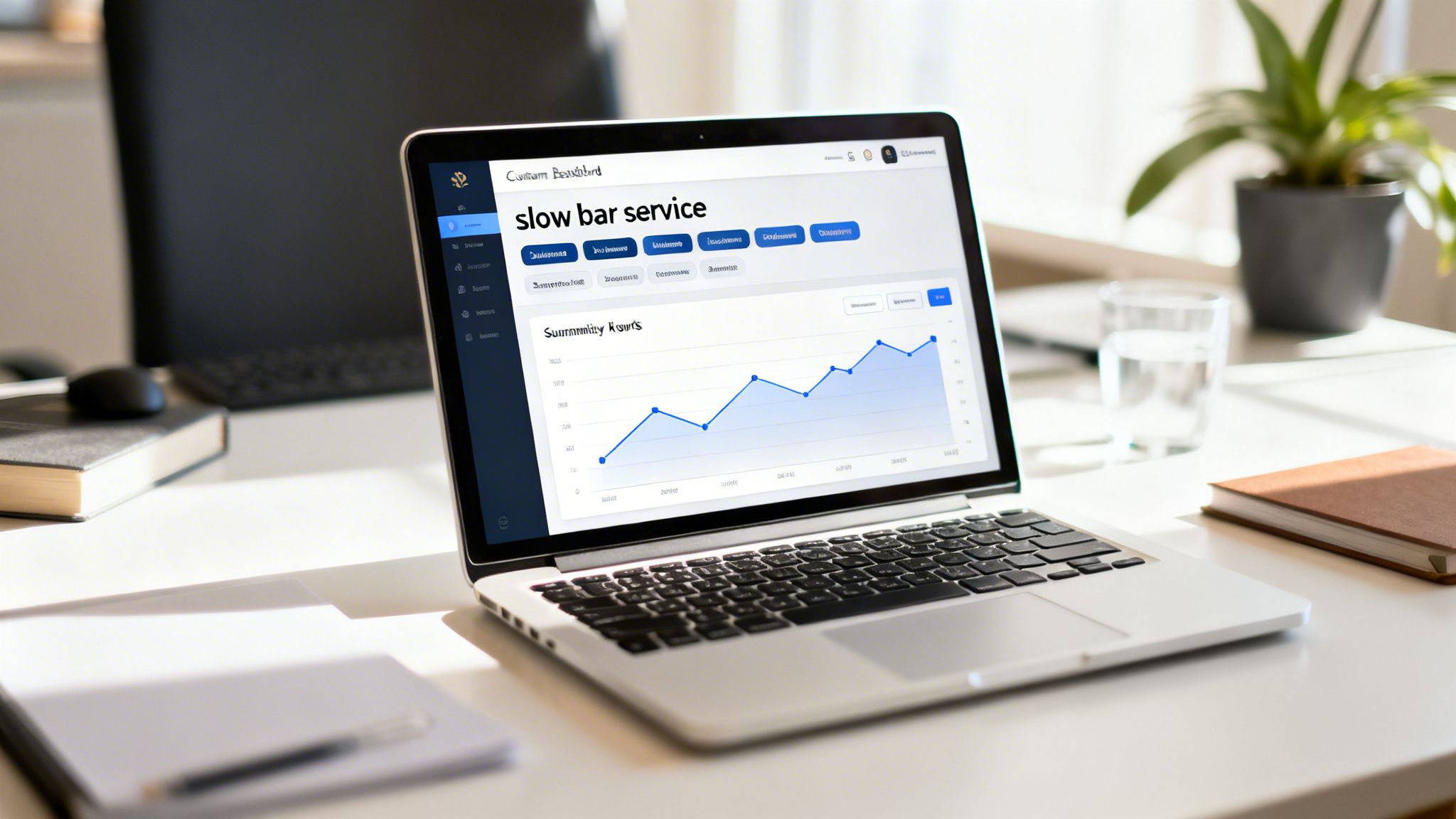 A laptop on a desk displays a 'slow bar service' dashboard with a data analysis graph in a bright workspace.