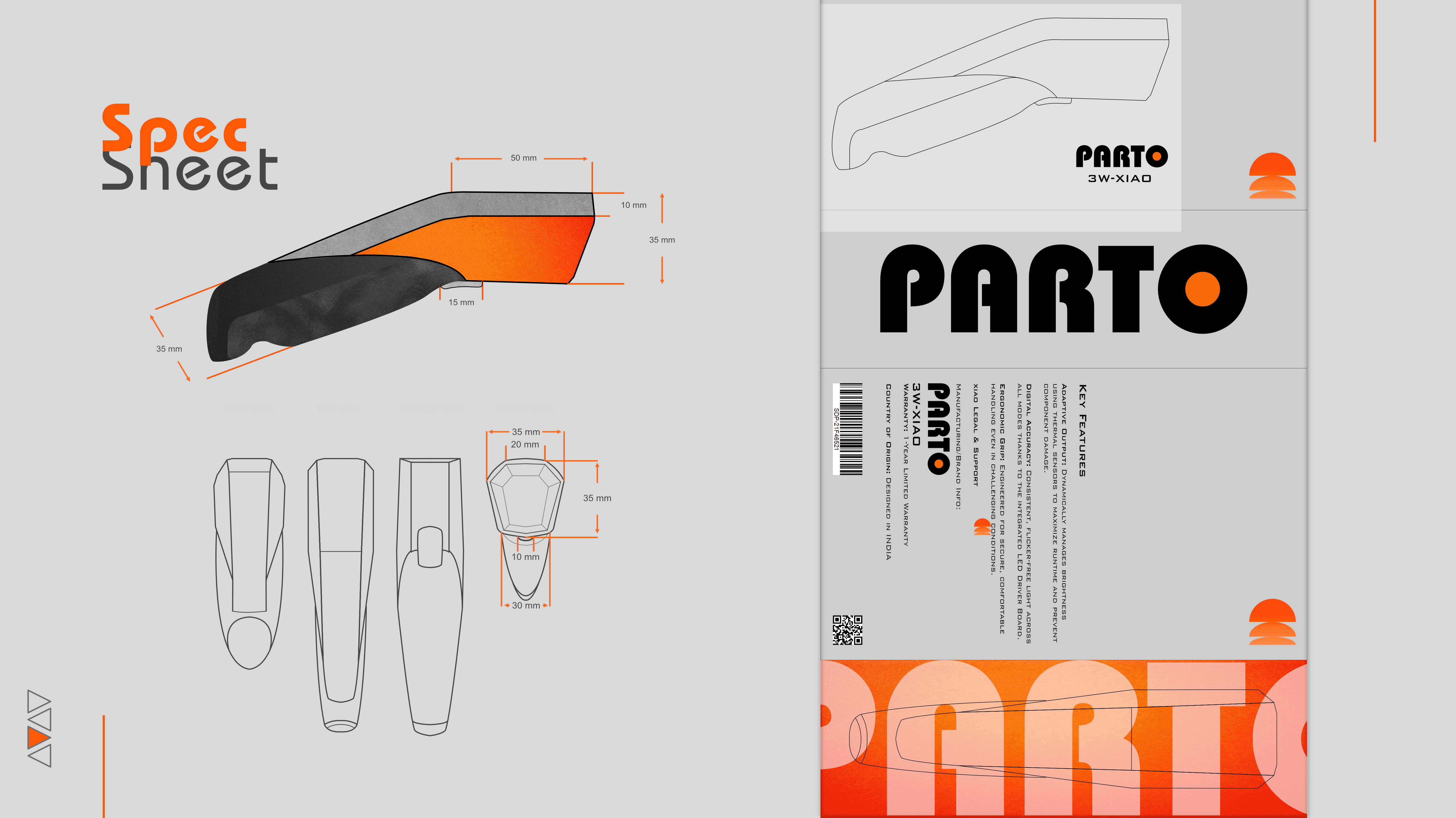 Details the technical dimensions, orthographic views, and the final "unboxed" packaging design system.