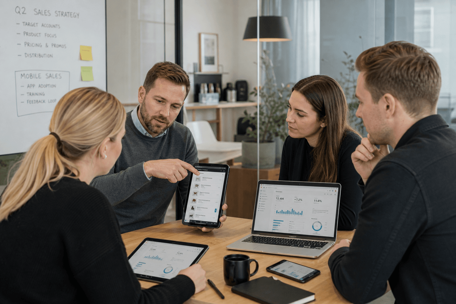 Candid scene of a modern B2B sales team gathered around a wooden table in a bright, Scandinavian-style office, reviewing a mobile sales app on tablets and laptops. One team member points at a tablet screen displaying a product catalog, while others look on and discuss. Nearby devices show dashboards and analytics. The space features soft natural lighting, neutral tones, and minimal decor, creating a collaborative, focused, and professional atmosphere.