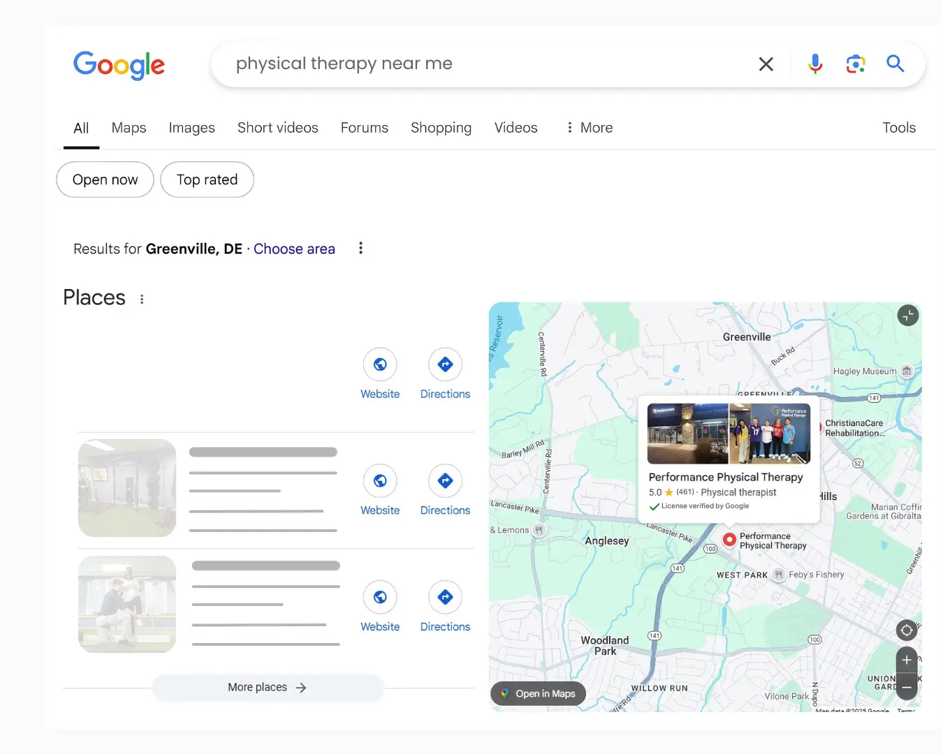 Google search results for physical therapy near me featuring local map and business listings.