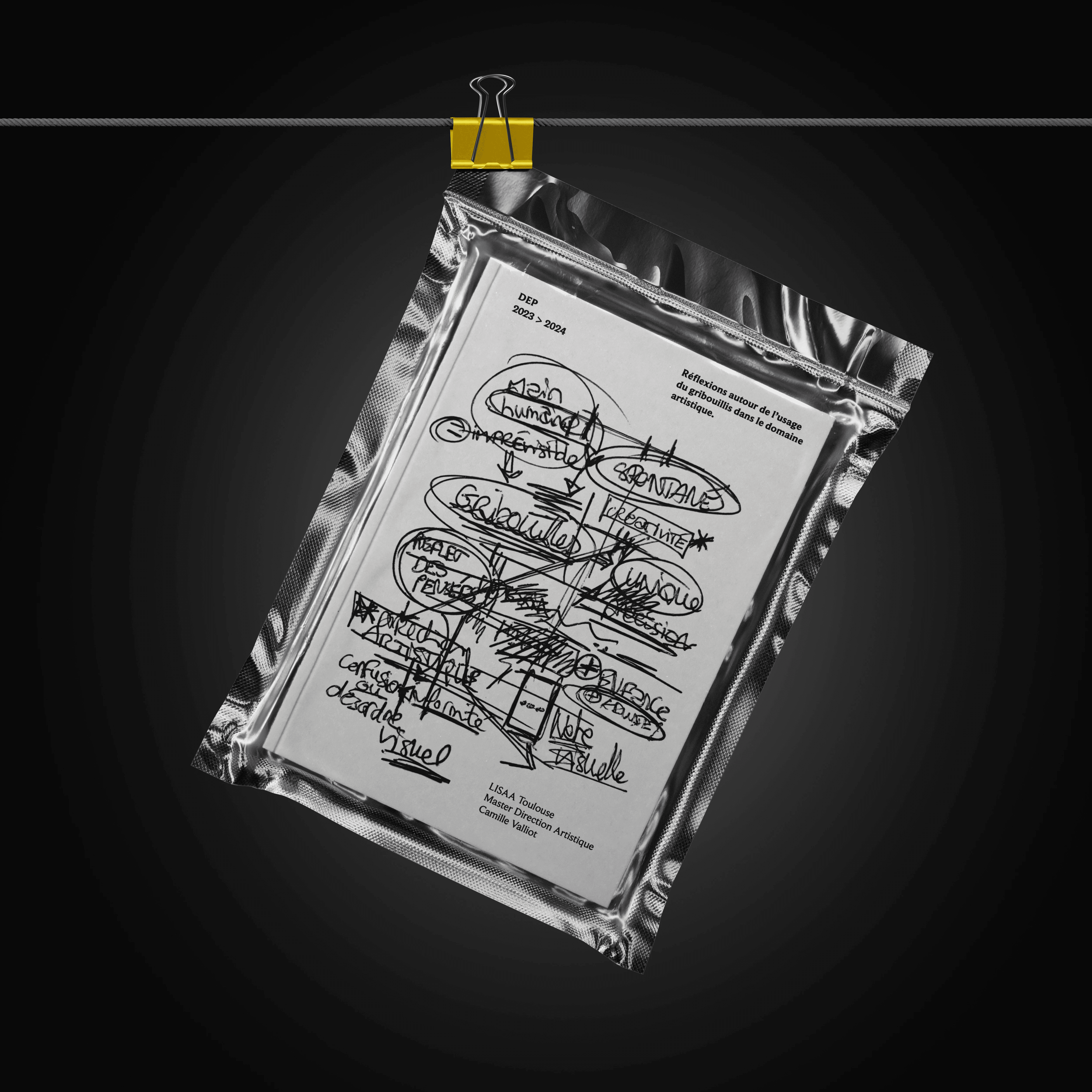 Couverture de magazine sous blister, design gribouillis noir et blanc 