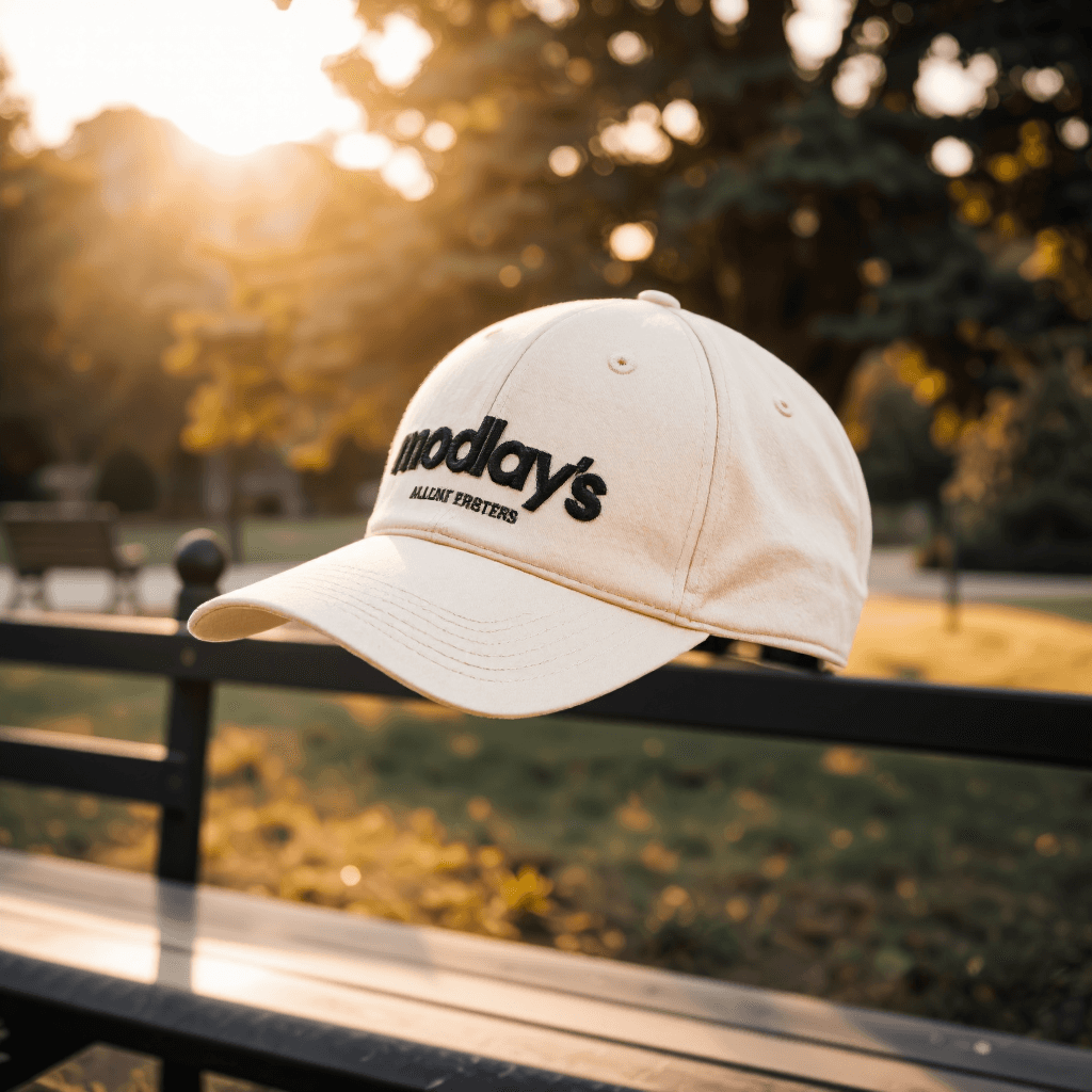 product photography of a cap with a printed design