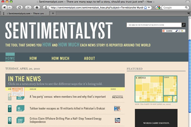 A screenshot of the Sentimentalyst website shows a dark gray header with the website name in white text. Below the header, a navigation bar includes "HOME," "HOW," "HOW MUCH," and "ABOUT." A search bar is visible in the top right corner. A map titled "FEATURED" displays a stylized map with colored regions and a legend. A sidebar titled "IN THE NEWS" shows a headline about a 2010 news story: "A tea party' census: where members live and why that's important." A sidebar titled "FEATURED" includes a map titled "HOW THE PARTY VOTED FOR GOP (APRIL 26, 2010)." The date "TUESDAY, APRIL 20, 2010" is displayed below the headline.