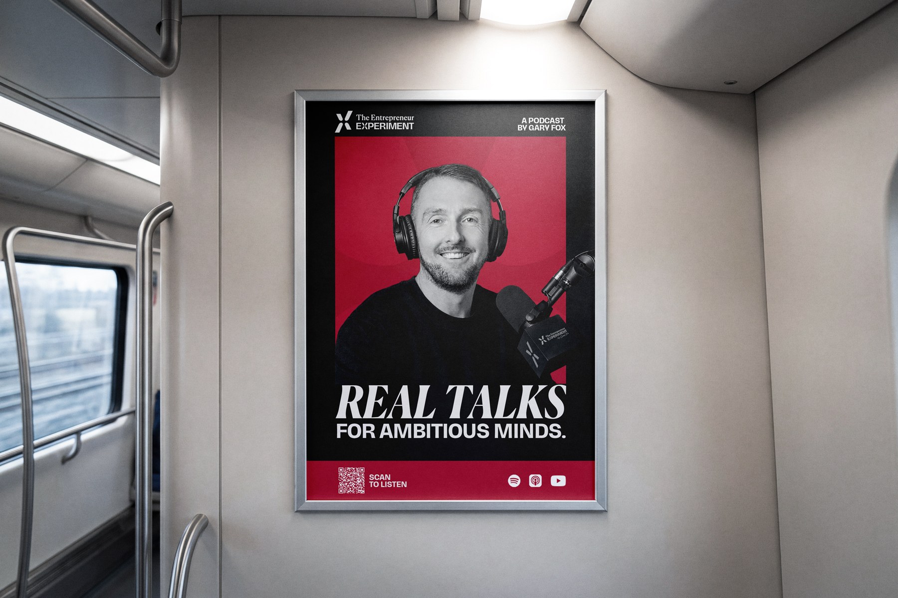The Entrepreneur Experiment podcast poster with host Gary Fox inside a train carriage