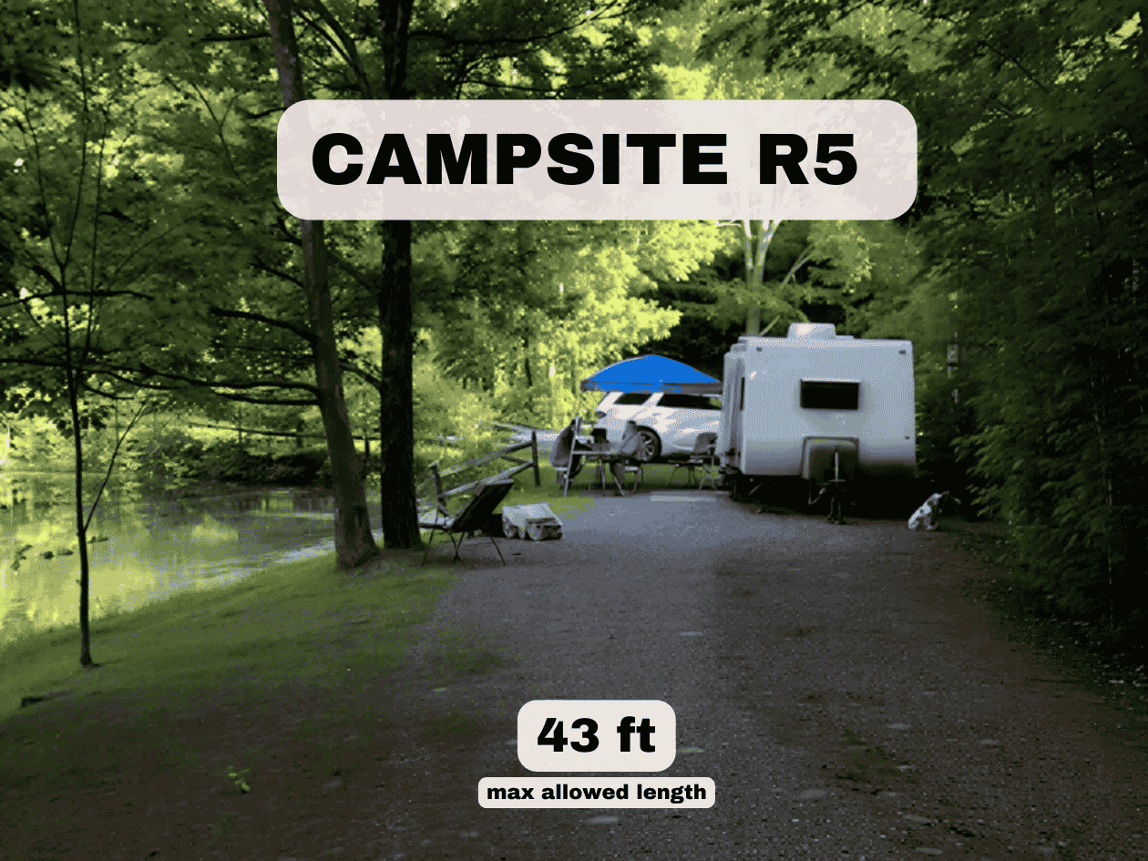 Wooded RV campsite R5 with a trailer and blue awning. Text reads: Site R5, 43 ft max length.