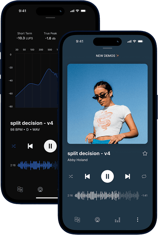 Traklist's dual-mode audio player displayed on two phones. The left phone shows Frequency Spectrum Mode with a loudness meter and frequency analysis. The right phone displays Artwork Mode with album artwork of stacked hats covering a person's face.