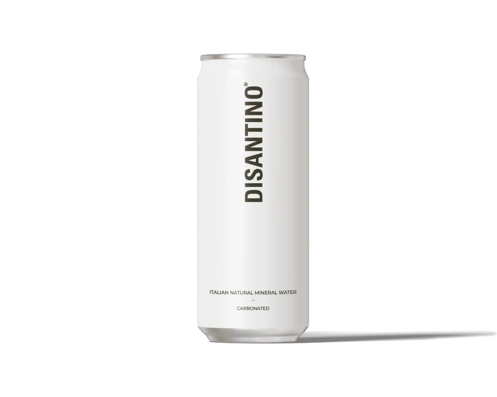 A sleek 330ml tall aluminum can of Disantino Carbonated Italian Natural Mineral Water. The can is matte white with the "DISANTINO" logo printed vertically in bold black. The word "CARBONATED" is printed at the bottom.