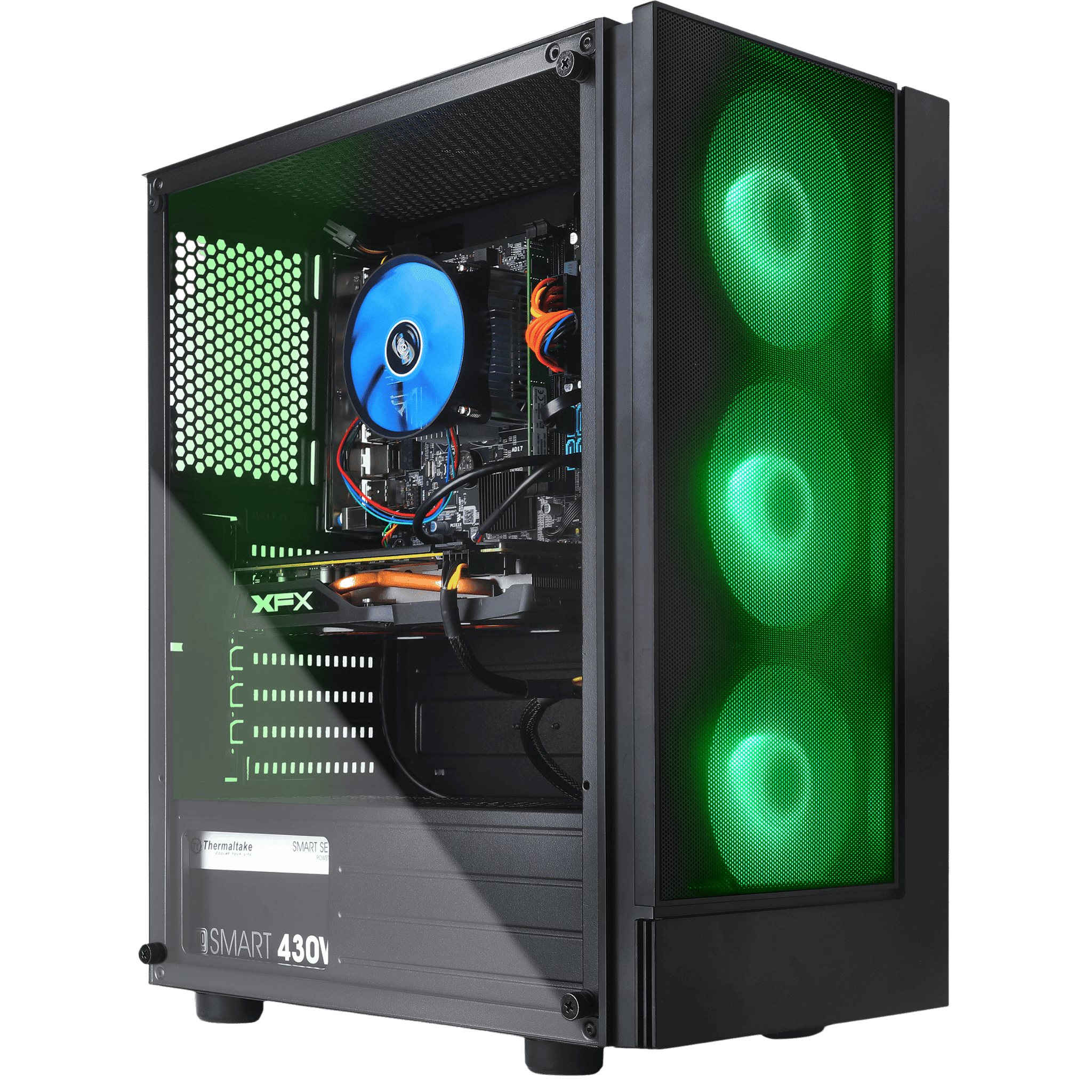 A high-performance gaming PC with a sleek, black tower case, equipped with multiple green LED fans that create a captivating glow visible through the transparent side panel. Inside, the machine boasts top-tier components including a HyperX blue LED fan on the CPU cooler, a sturdy XFX graphics card, and a Thermaltake SMART 430W power supply, promising powerful gaming and multitasking capabilities. This setup is ideal for enthusiasts seeking a reliable and visually striking gaming build for 2023, emphasizing both aesthetics and functionality in modern PC gaming setups.