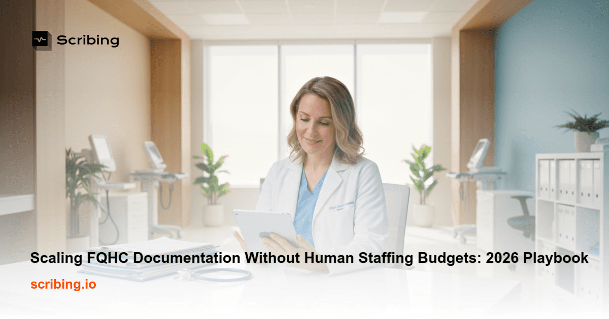 Illustration representing FQHC documentation scaling and AI-driven clinical workflow efficiency