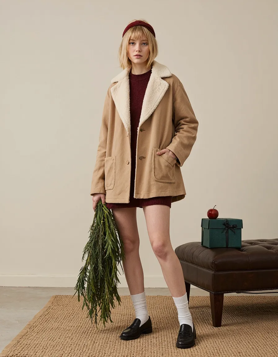 Woman in tan sherpa jacket and burgundy knit dress holding Christmas greenery in cozy holiday fashion photograph
