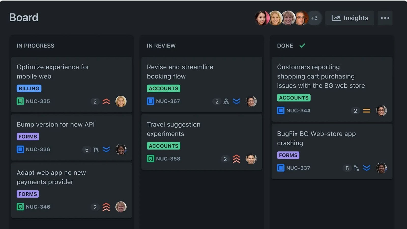 Jira's scrum board for tracking software development tasks
