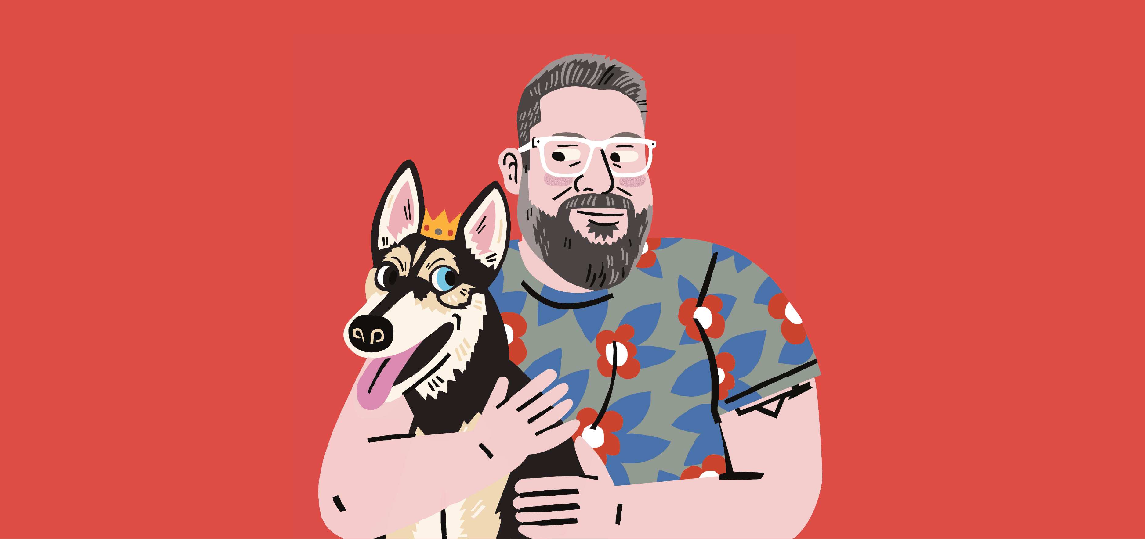Illustration of Anthony Zagariko in a floral shirt hugging his dog Kingsley who is wearing a cute lil crown