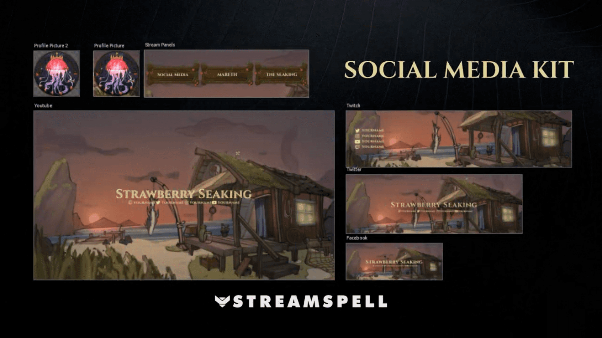Strawberry Seaking profile images, stream panels, and social media graphics for YouTube, Twitch, Twitter, and Facebook