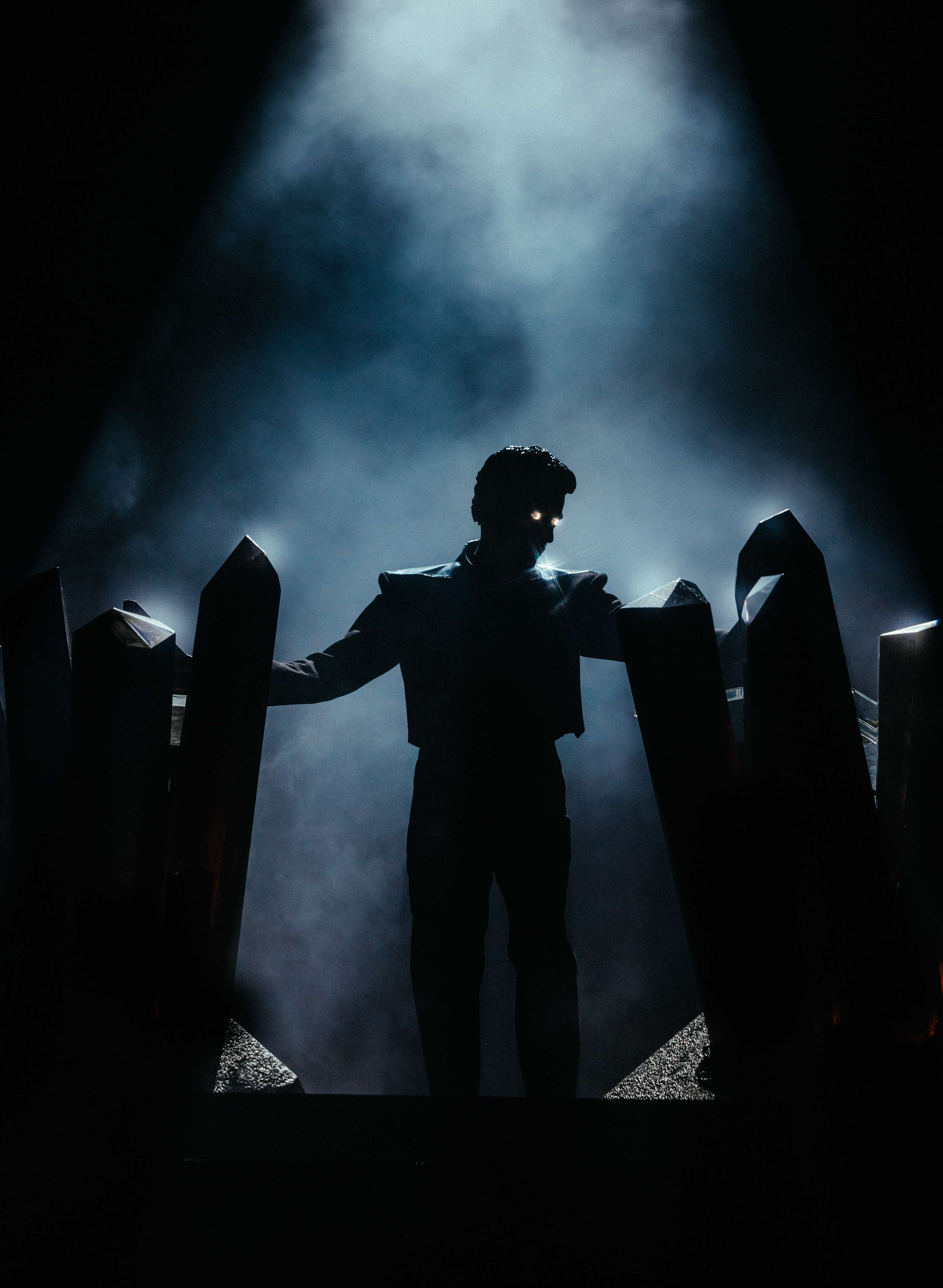 Gesaffelstein performing at Coachella 2024 in silhouette framed by crystal stage elements and atmospheric lighting, captured by A World Away creative director Brandon Densley