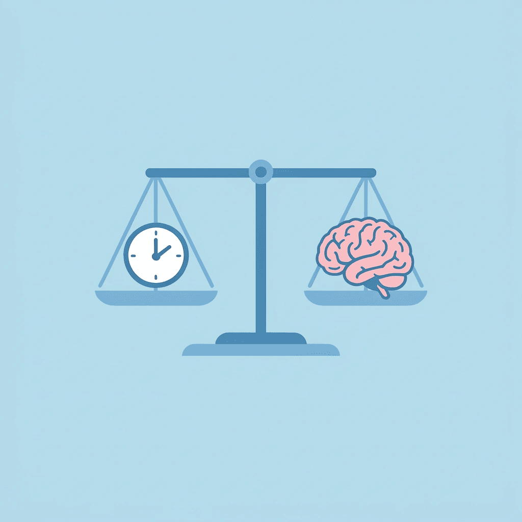 Balance scale comparing minutes spent organizing notes on one side versus minutes for active learning on the other
