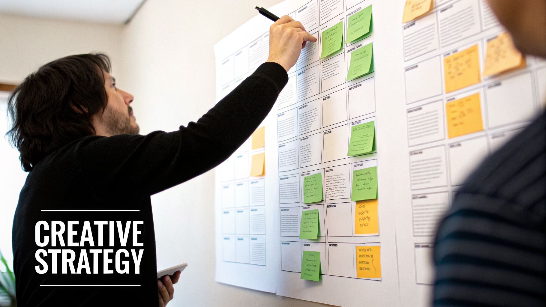 A person writing on a large white board with green and orange sticky notes, indicating a creative strategy session.