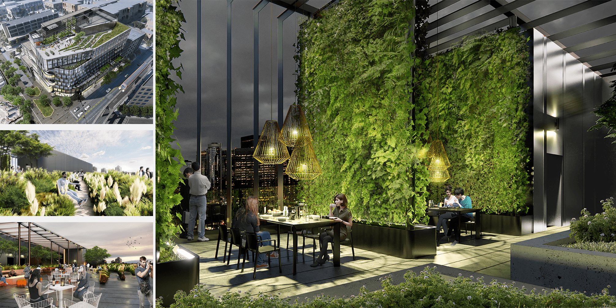 Four perspectives of the rooftop amenity: an aerial view, a serene bench nestled in lush landscaping, an outdoor lounge with tables and chairs, and a large view of outdoor meeting rooms framed by full-story green walls.